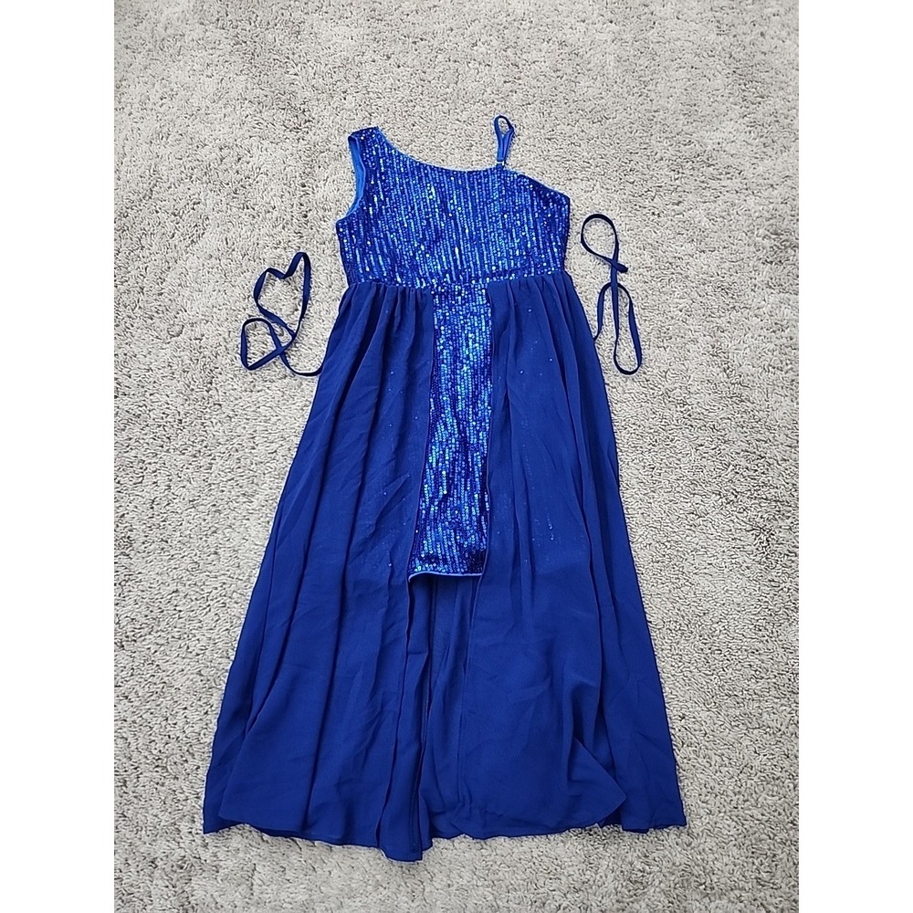 Grace Karin Sequin Dress Girls 8Y Blue One-Shoulder High Low Chiffon Partywear